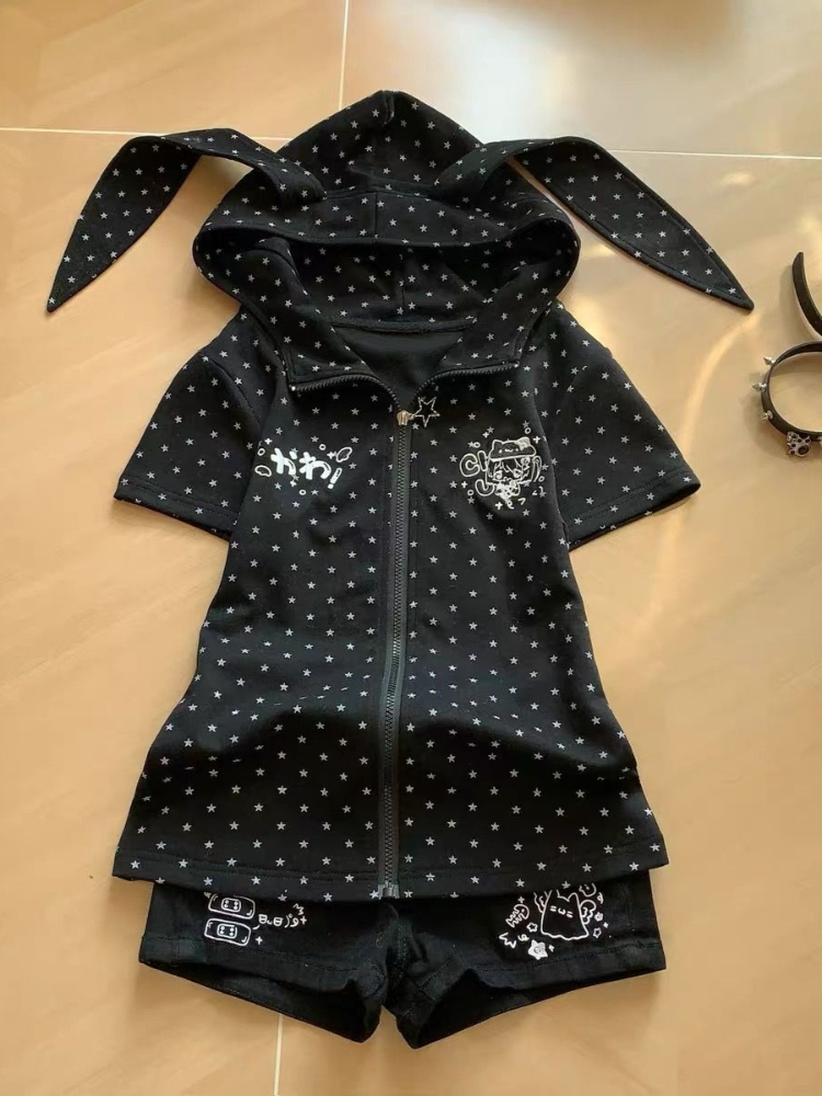 Japanese Star Print Rabbit's E - Vintage Zip Hoodie ulasan dan harga