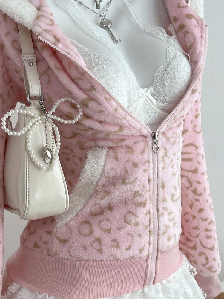 Cute pink Leopard Pint Hooded  - Vintage Zip Hoodie ulasan dan harga